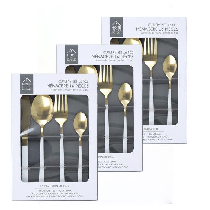 Toilinux - Lot de 3 Ménagères table chic - 48 Couverts - Blanc et doré