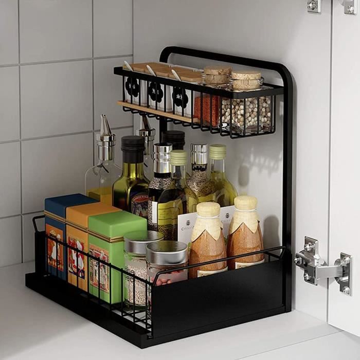 Organisateur Cuisine SONGMICS - 2 Paniers Coulissants - Pour Sous évier Ou Placard - Noir - 36.5x21cm