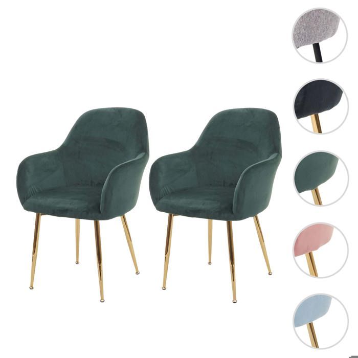 2x chaise de salle à manger MCW-F18 design rétro ~ vert velours pieds dorés