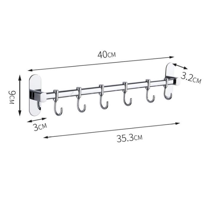 Rail à Ustensiles Cuisine 40cm Avec 6 Crochets Coulissants - Fixation Sans Percage Aluminium
