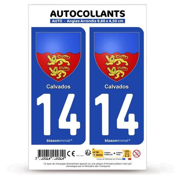 Pack De 2 Stickers Plaque Auto Département Logo 14 - Neufs - Fabrication Française - Garantie 3 Ans