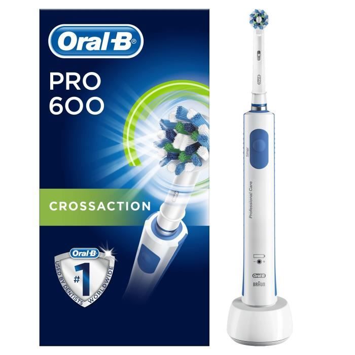 Oral-B PRO 600 Brosse à Dents Électrique Rechargeable, 1 Manche, 1 Brossette CrossAction, Technologie 3D