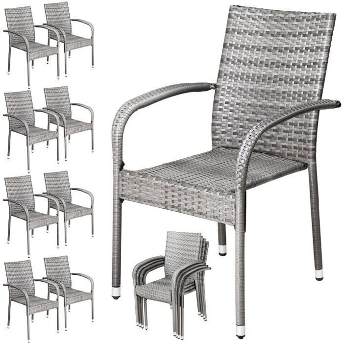 CASARIA® Ensemble de 8 chaises de jardin grises en polyrotin avec accoudoirs empilables structure en acier thermolaqué