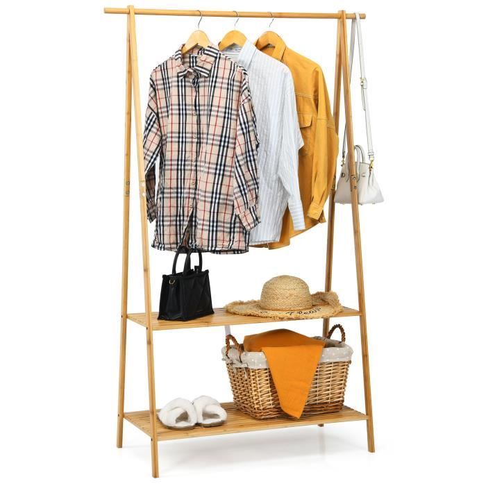 COSTWAY Portant à Vetement en Bambou Penderie Vetement Tringle 101cm 2 Étagères pour Chambre Buanderie Jaune