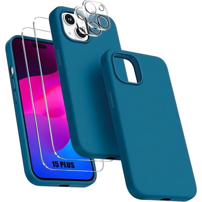 Coque - E.F.CONNECTION - Pour IPhone 15 Plus - TPU Bleu - 2 Verres Trempés - Protection Caméra
