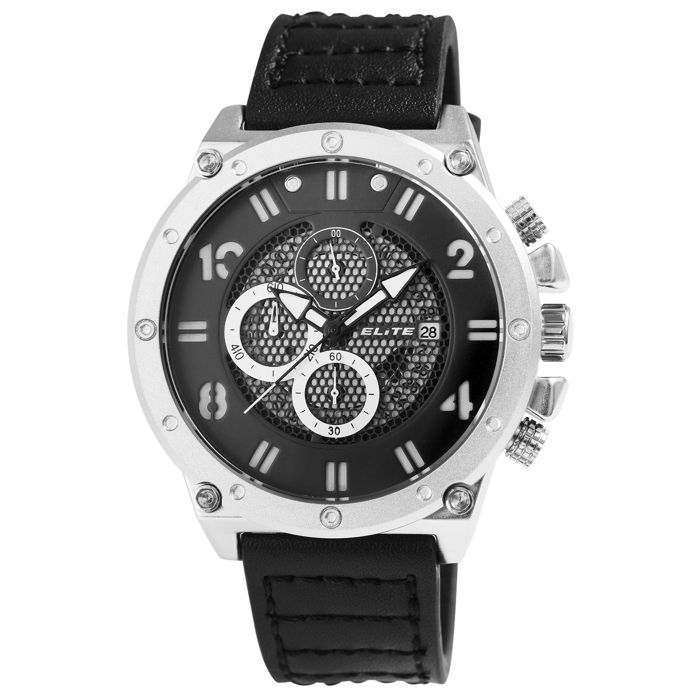 Montre - ELITE - Chronographe - Cuir noir - Boîtier 50 mm argenté - Quartz 3 ATM