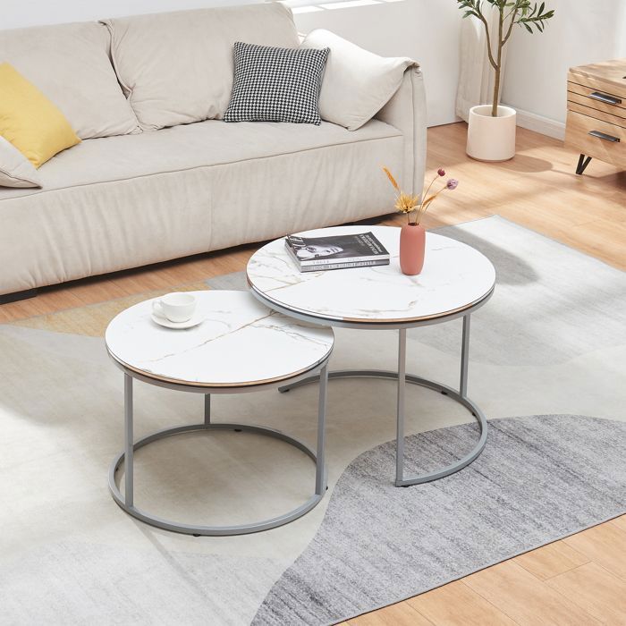 Set de 2 tables dappoint Skagen rondes gigognes marbre blanc argent