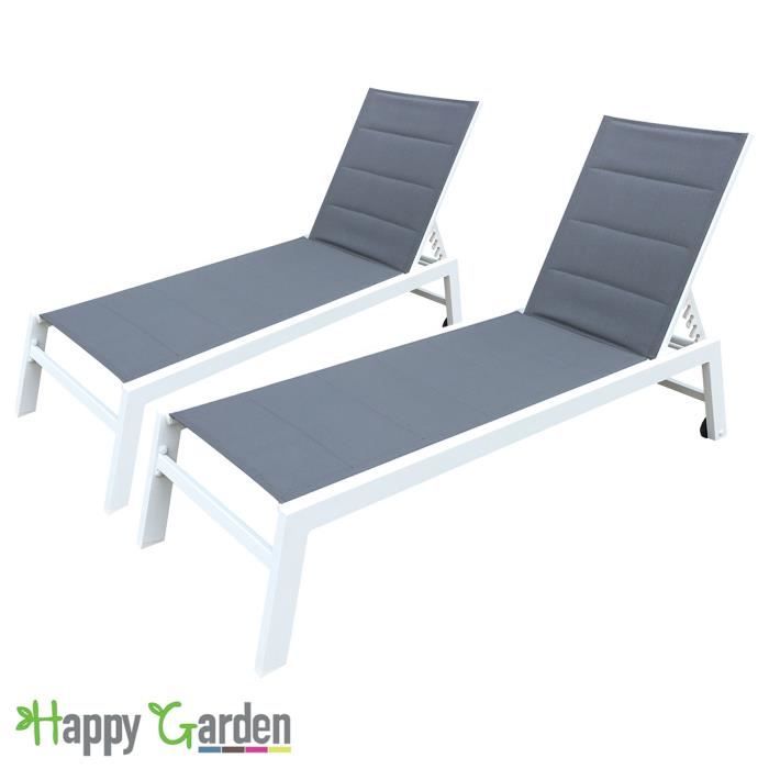 lot de 2 bains de soleil - happy garden - barbados - textilène gris - aluminium blanc