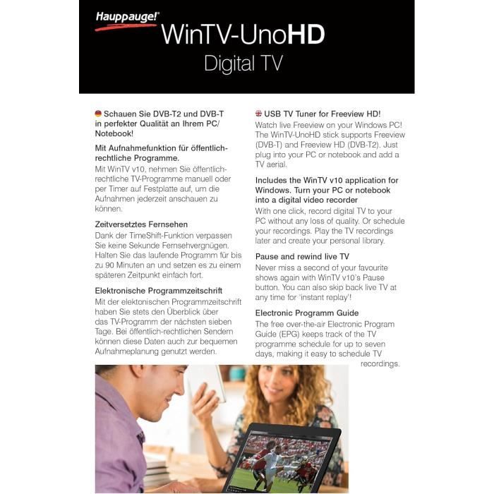 Hauppauge WinTV-UNOHD DVB-T,DVB-T2 Récepteur TV USB avec antenne