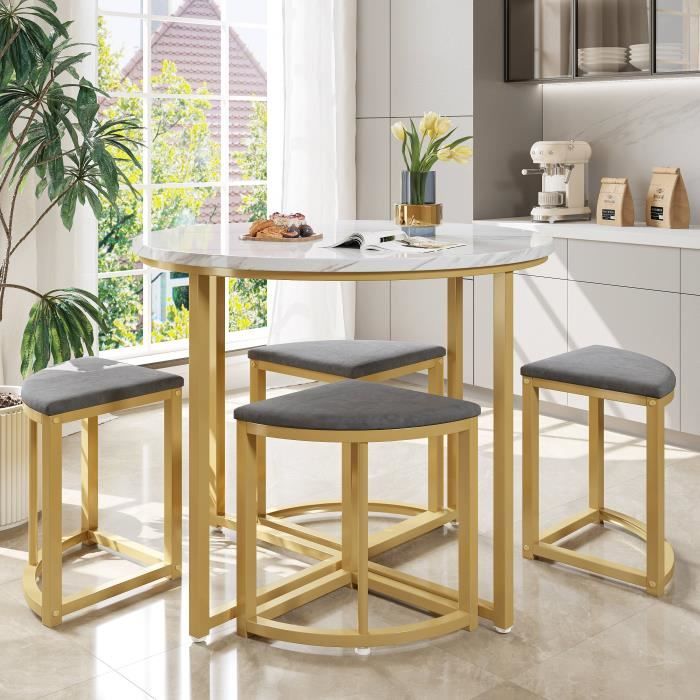 GrandCA HOME Ensemble Table et chaises de Salle à Manger Modernes Table Ronde de 110 CM avec 4 Chaises, Pieds en Métal Noir, Convient pour Le Salon, Le Balcon, Le Jardin (Gris