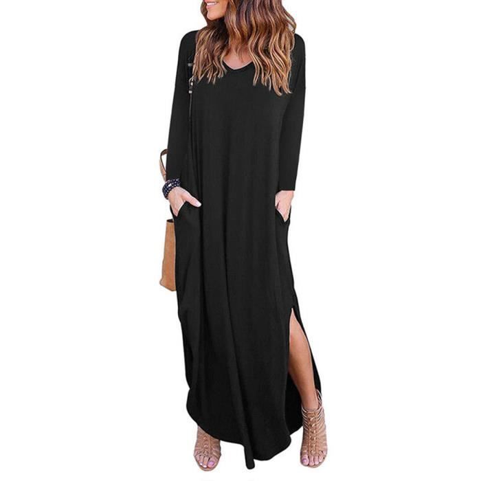 Femmes Robe V Neck Solides Manches Longues Robe Ample Soiree Long Beach Maxi Dress Noir Noir Cdiscount Pret A Porter