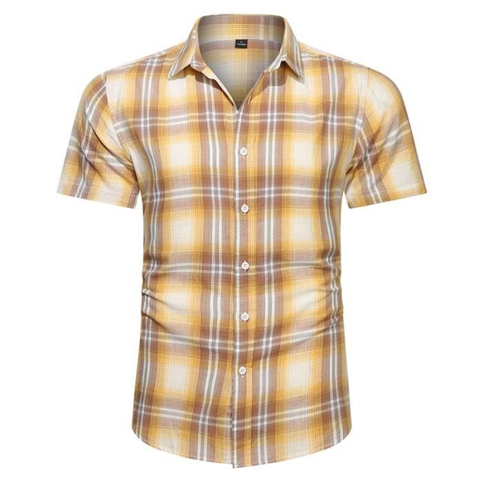 Chemise à Carreaux Homme Manches Courtes Coton Lin JOGAL - Coupe Droite Décontractée, Poches Poitrine, Style Été Casual