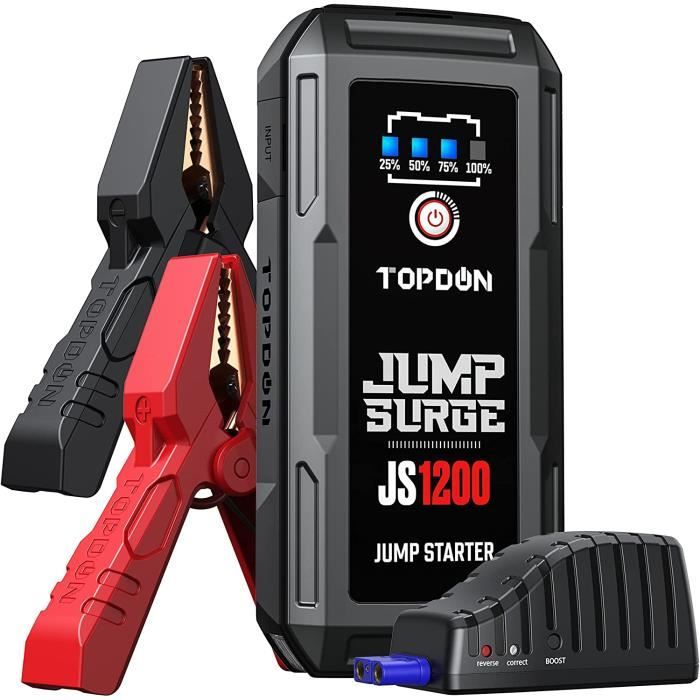 Booster Batterie, TOPDON JS1200 Demarreur de Batterie Voiture 1200A/10000mAh Jump Starter Jusqu'à 8L et 6L, câbles de démarrage,