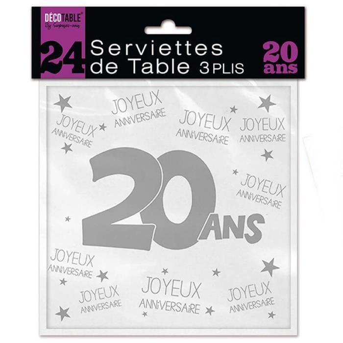 24 Serviettes De Table Anniversaire 20 Ans - Blanc Et Argent Métallisé - 33x33 Cm - 3 Plis