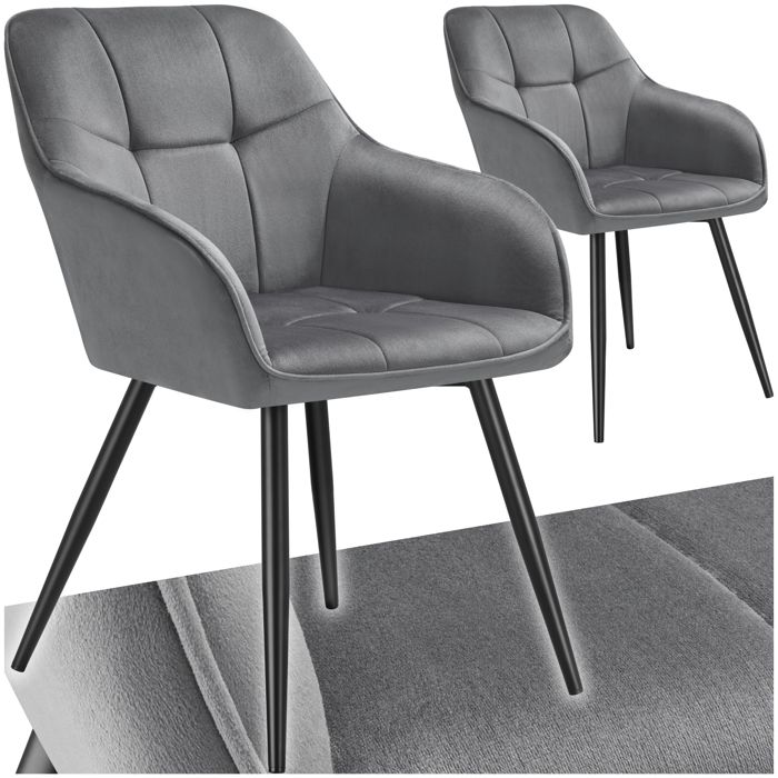 Chaise - TECTAKE - Lot de 2 chaises MARYLIN effet velours capitonné rembourrée et pieds acier noir 58 x 62 x 82 cm - Gris/Noir