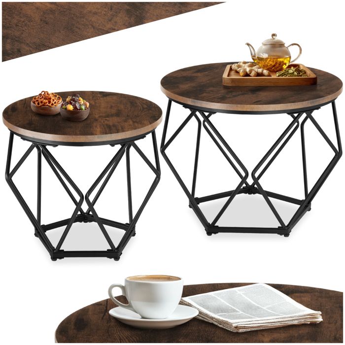 Table basse - TECTAKE - Lot de 2 tables rondes BENHAM en bois et acier en forme de diamant style industriel - Bois foncé
