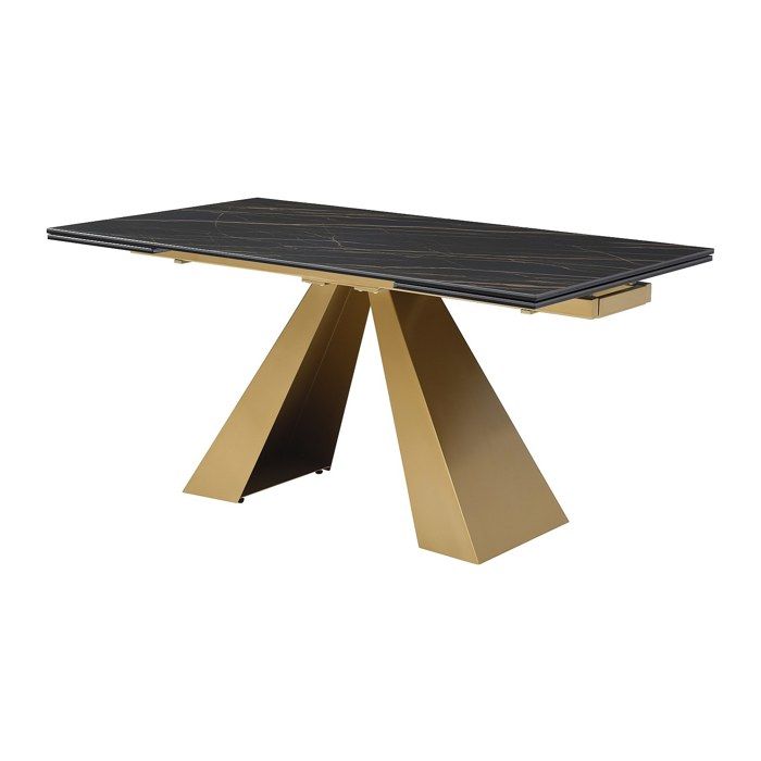 Table à manger extensible 6 à 10 personnes en verre trempé céramique et métal - Effet marbre noir et doré - LOZIPA de Maison Céphy