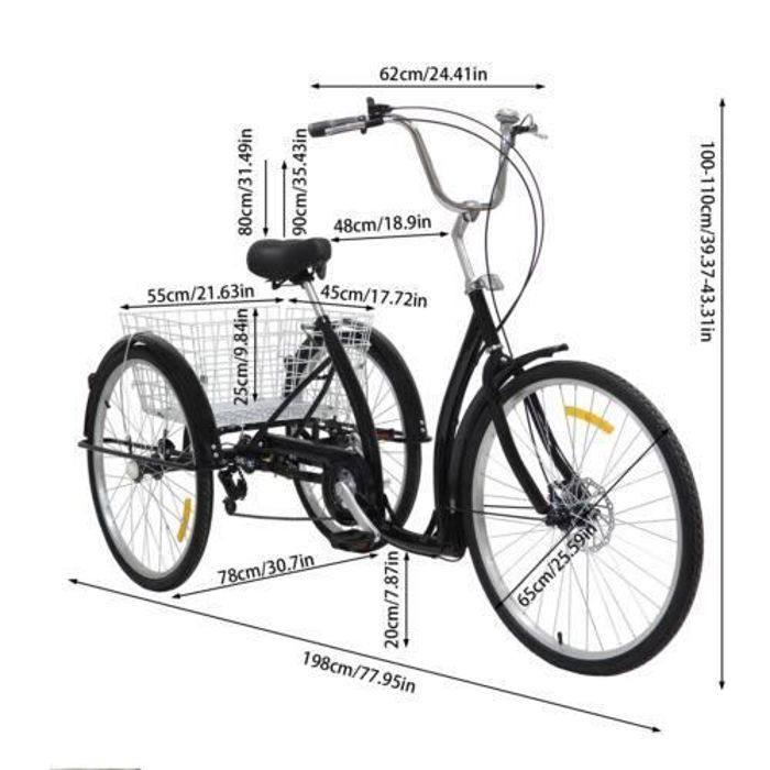 Tricycle LENDISIY Pour Adulte – 26 Pouces, 6 Vitesses, Panier 25 Kg, Cadre Acier, Freins Disque, Assise Réglable 84-96 Cm, Loisir