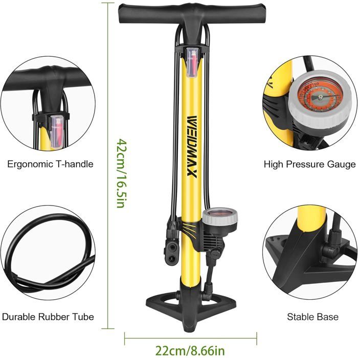 Pompe à Pied BV 160 PSI – Double Valve Intelligente Presta/Schrader, Corps Acier, Jauge Intégrée – Pour Vélos Et Plus