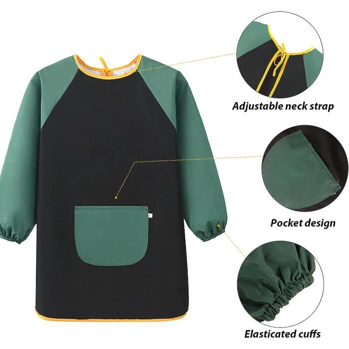 Tablier Peinture Enfant 3-7 Ans - Manches Longues Imperméable - Bleu Avec Poches - Pour école, Cuisine, Dessin
