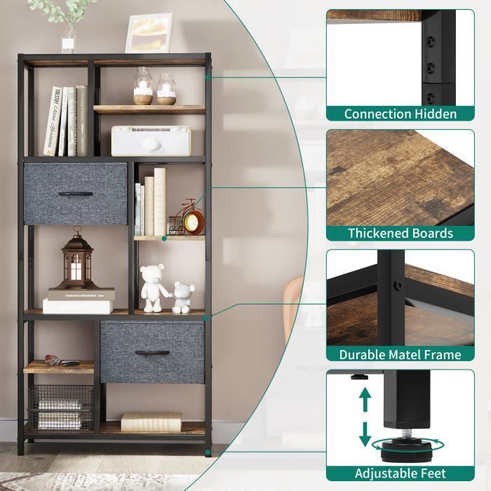 Bibliothèque Industrielle YITAHOME Avec Portes - Étagère En Bois Et Métal, 5 Niveaux, Marron Rustique - Pour Salon, Chambre, Bureau