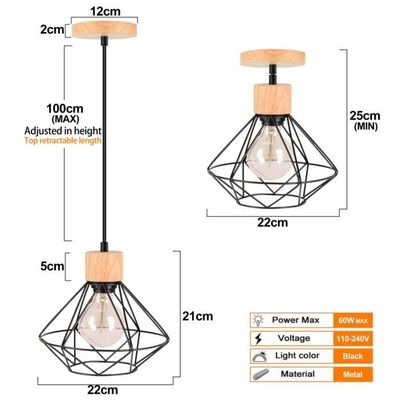 Lustre Suspendu Style Ferme Moderne - Cage En Bois Et Fer, Diamètre 25 Cm, Suspension Réglable 100 Cm, Ampoule E27 Non Incluse - 14