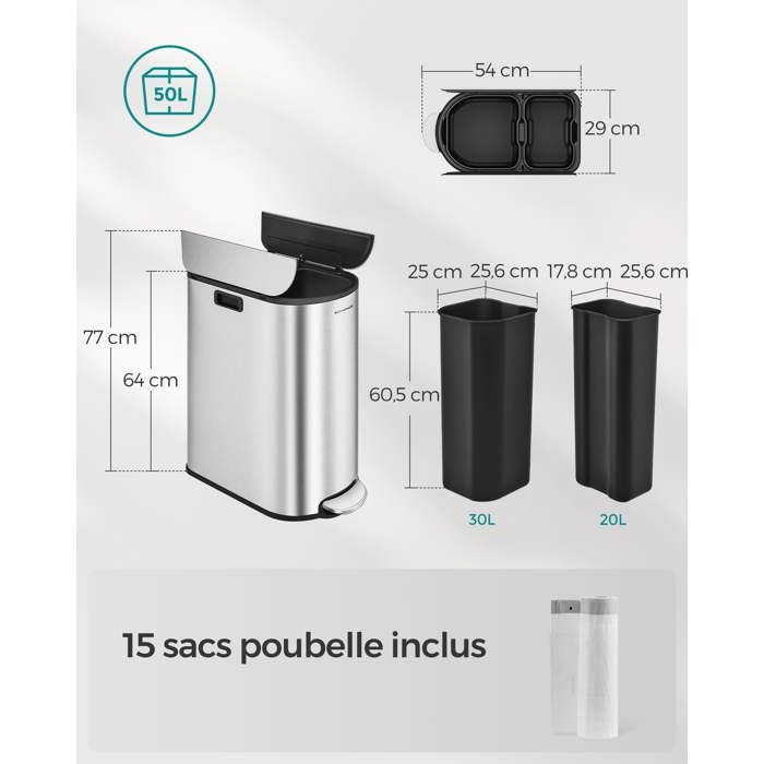 Panana Poubelle 60 L (2 x 30 litres), Système de Tri Sélectif de Cuisine - Poubelle à Pédale en Métal à Fermeture Douce avec Couvercle Hermétique pour Cuisine (Argent