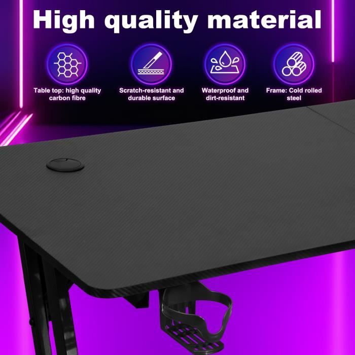 Bureau Gaming HLONONE 120x60x74cm - LED, Surface Fibre De Carbone, Noir