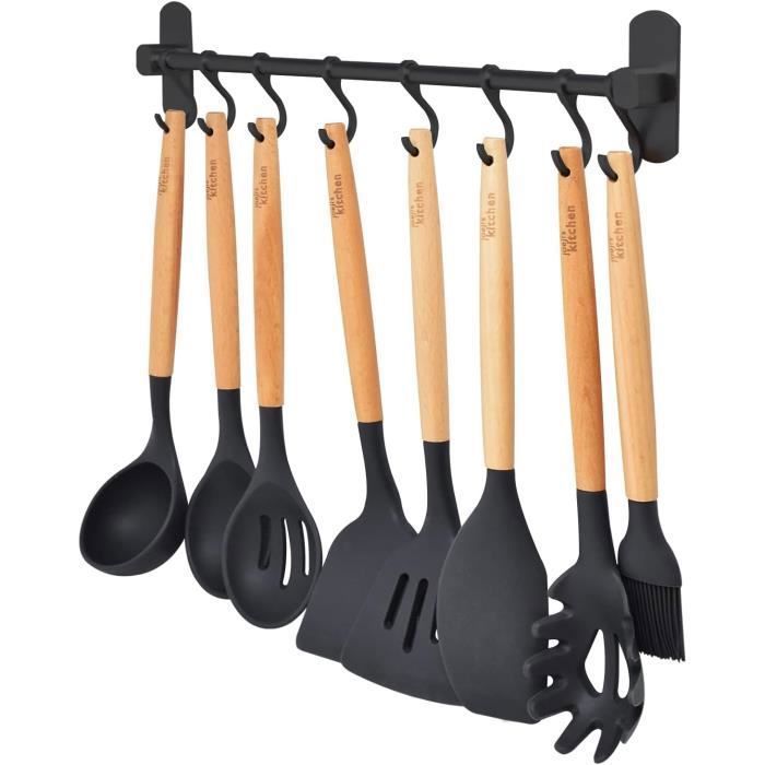 Porte-ustensiles à Ventouses 40 Cm - 8 Crochets Coulissants, Charge 20 Kg, Sans Perçage | Pour Cuisine, Salle De Bain