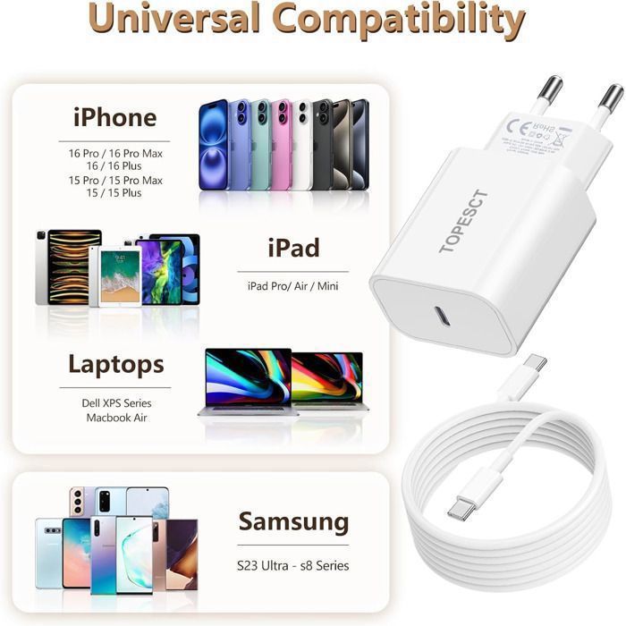 Chargeur Rapide USB-C 25W + Câble 2m Pour IPhone 17 16 15 Et IPad - Compatible Samsung Aussi, Charge Rapide PD
