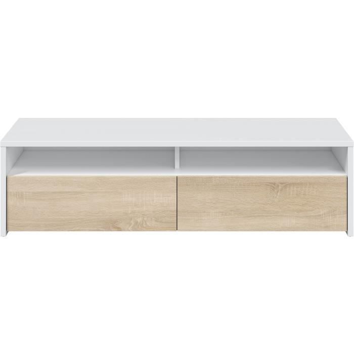 Meuble TV - KIOTO - Blanc Artik / Chêne Canadien - 2 portes - 2 niches - 130 x 42 x 36 cm