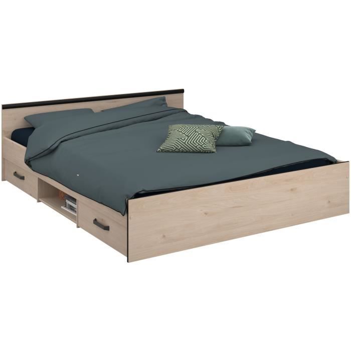 ZODIAC Lit adulte avec rangements - 160x200 cm - Décor chêne et noir