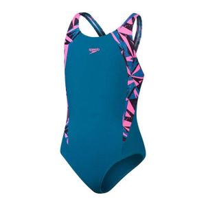 Maillot de bain 1 pièce fille, imprimé tropical, contrastes bleu