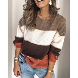 PULL Pull Femme,Pull Col arrondi Manches Longues Femmes,Pull d'automne d'hiver chaud avec motif Épissure Pull Femmes-Marron