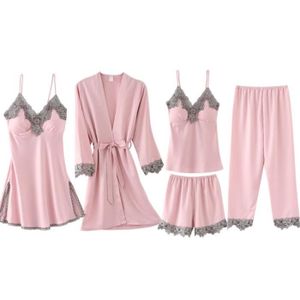 PYJAMA Vêtements d'intérieur pour Femmes Fausse soie Chemise de Nuit érotique 5 pièces avec Bretelles Rose