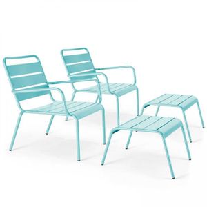 FAUTEUIL JARDIN  Lot de 2 fauteuils relax avec repose-pieds en métal turquoise