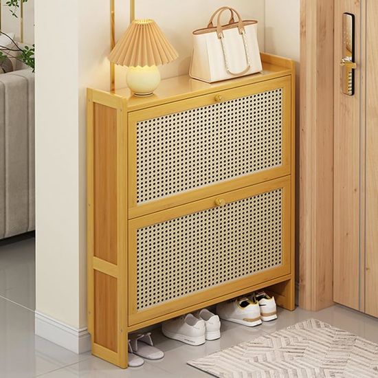 Meuble à Chaussures En Bambou 98x93x32cm - 4 Étagères Avec Portes à Lamelles Et Tiroir