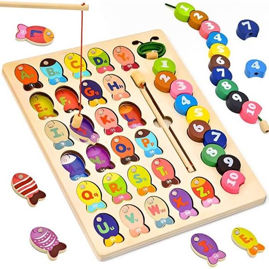 2 in 1 Montessori Jeux en Bois 2 3 4 5 Ans Jeu de Pêche Magnétique Perles  en Bois Jeu d'enfilage avec 26 lettres & 10 numéro Puzzles en Bois  Motricité