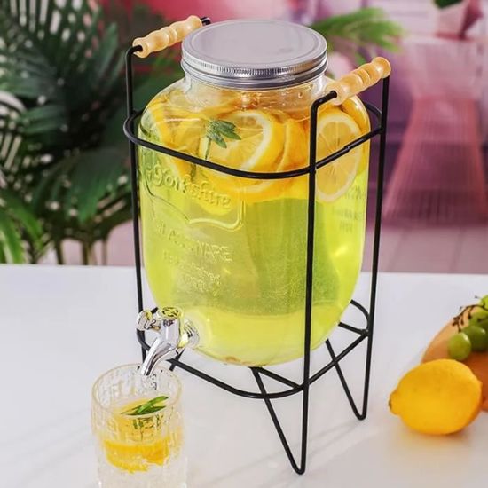 Distributeur Boissons Verre 4L - Avec Robinet Anti-Gouttes Et Support Métal - Pour Limonade, Punch