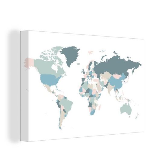 Tableau Toile Déco Carte Du Monde 90x60 Cm - Impression Haute Qualité - Cadre Bois 2 Cm - Prêt à Accrocher