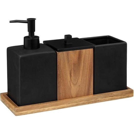 3 accessoires salle de bain avec plateau -Acacianoir Blackacia - Bois Fonce Et Noir - 5 five simply smart