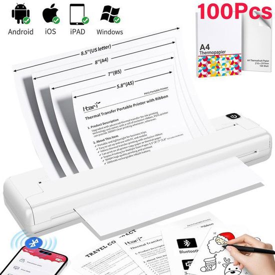 Imprimante Thermique Sans Fil Portable A4 200 Dpi - Sans Encre, Bluetooth, Batterie 1000 MAh