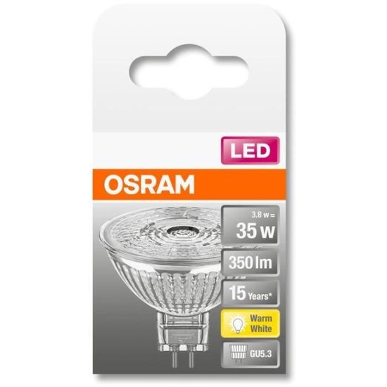 OSRAM Spot MR16 LED 36° verre 3,8W=35 GU5.3 chaud