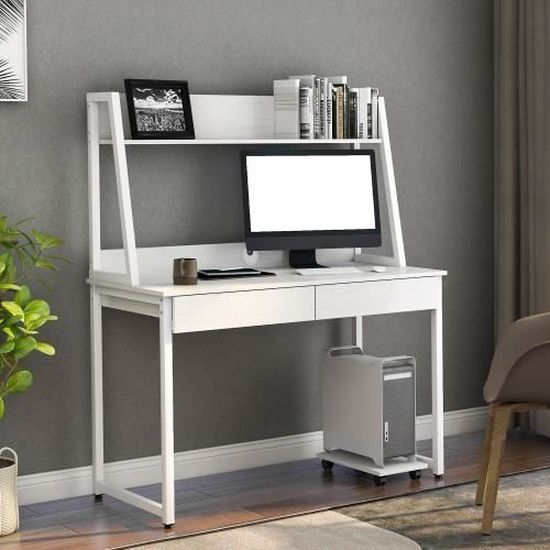 Table De Bureau En Bois Tables D Ordinateur Avec 2 Tiroirs Etagere Hote D Ordinateur Et Etageres 120 X 55 X 145 Cm Blanc Achat Vente Bureau Table De Bureau En Bois