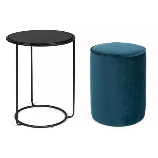 Set de table basse avec pouf coloris bleu foncé en fer et bois