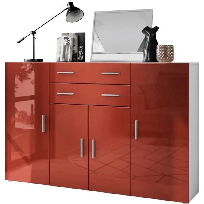 Vladon Buffet haut Aron à 8 compartiments et 2 tiroirs (166 5 x 106 5 x 35 cm) en blanc mat façades en Bordeaux haute brillance