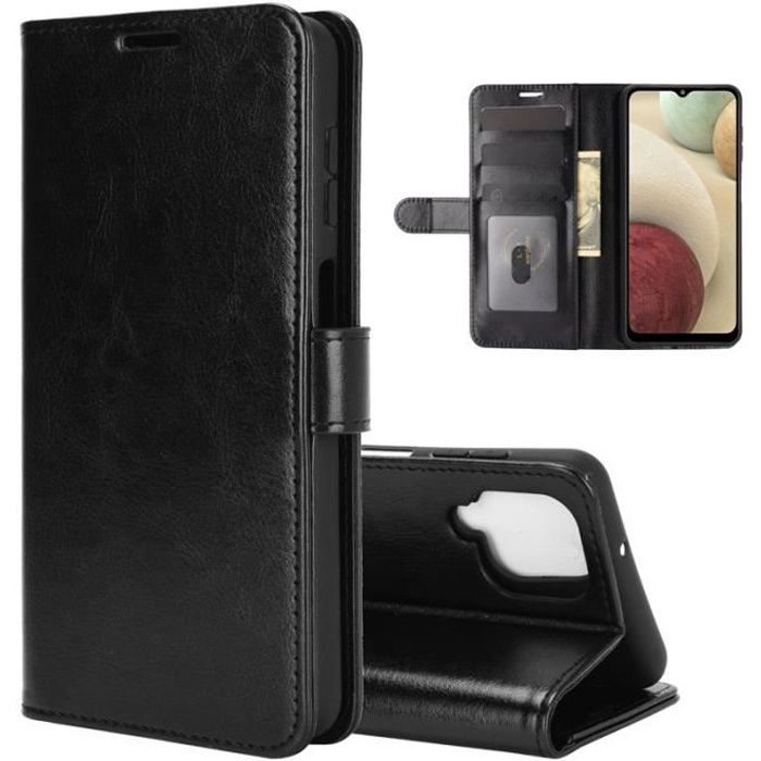 Coque Samsung Galaxy A12, Noir Cuir Qualité Supérieure Silicone Souple Fente de Cartes Élégante Ultra-fin Antichoc