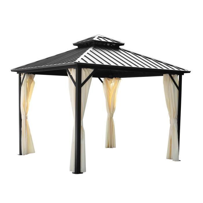 Tonnelle de jardin 3X3 Aluminium + double toit en acier galvanisé + rideaux et moustiquaires