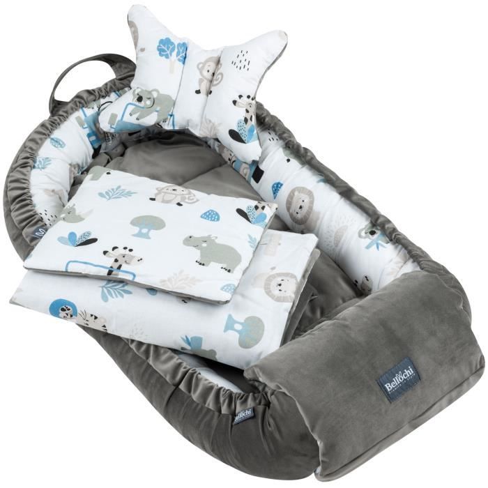 Bellochi Kit Nids Bébé 5 Pièces - Reducteur de Lit Bebe une Couverture de Bebe Cale Tete Bébé un Oreiller Plat - Safari