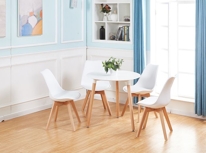 DORAFAIR Table à manger ronde de 2 à 4 personnes scandinave blanc laqué-pieds en bois hêtre massif-80 x 80cm